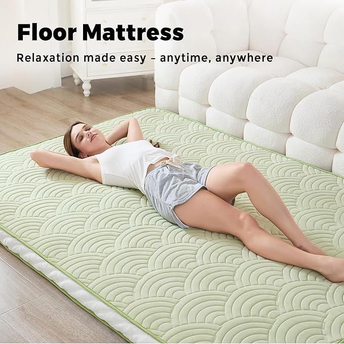 Zelladorra Japanese Floor Mattress, Quilted Futon Mattress with Anti-Slip Bottom, Foldable Floor Bed with Storage Bag and Straps, (Green, Queen)