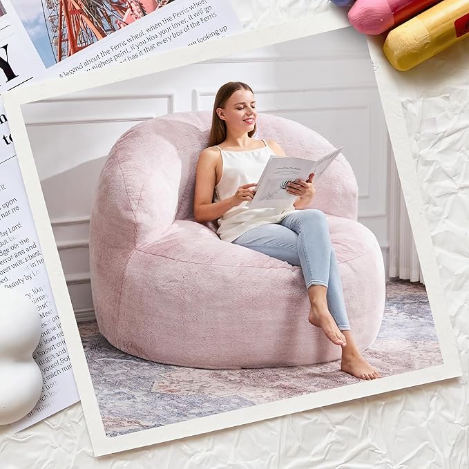 Hobestluk Bean Bag Chair Giant Bean Bag Chairs for Adults Big Bean Bag Chair with Memory Foam Filler Adults Large Beanbag with Faux Fur Cover for Bedroom (Plush Pink,Oversize)