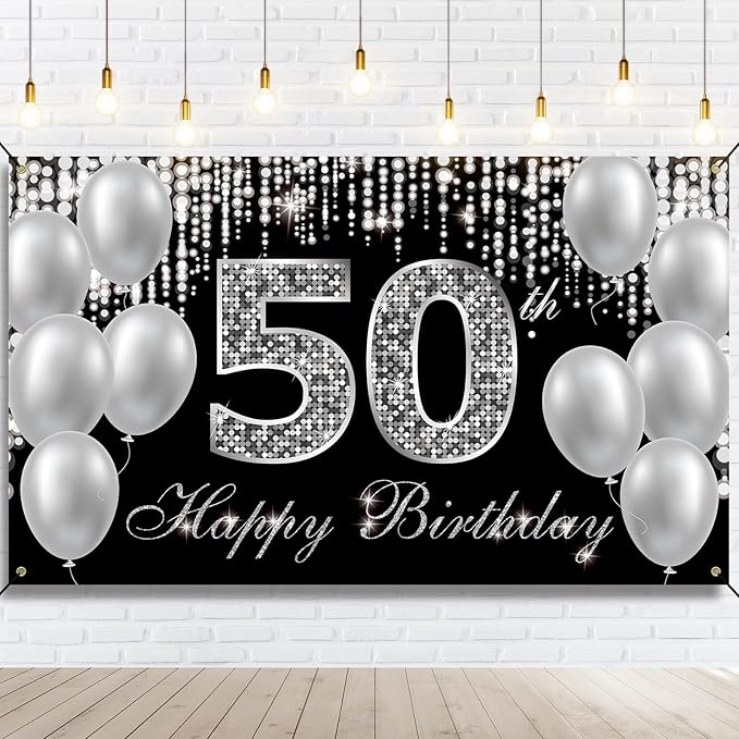 HTDZZI 50th Birthday Banner Backdrop, Happy 50th Birthday Decorations for Women Men, Black Silver 50 Year Old Birthday Par...