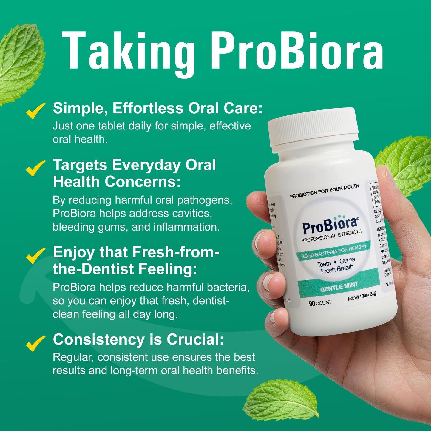 ProBiora Professional Strength Oral Probiotics for Teeth and Gums | Dental Probiotic for Oral Health | Bad Breath Treatment for Adults | Tooth Whitening | ProBiora3 Probiotic Blend | 90 Mint Tablets