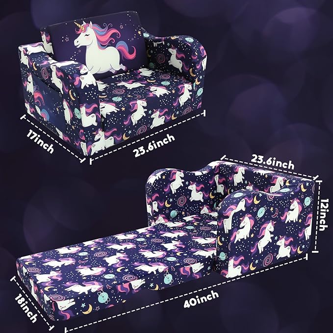 MeMoreCool Kids Folding Couch – Purple Unicorn Toddler Chair, Fold-Out 2-in-1 Sofa Bed Comfy Foam Seating, Washable Cover, Armrests & Side Pocket for Playroom or Nursery Ages 1–3