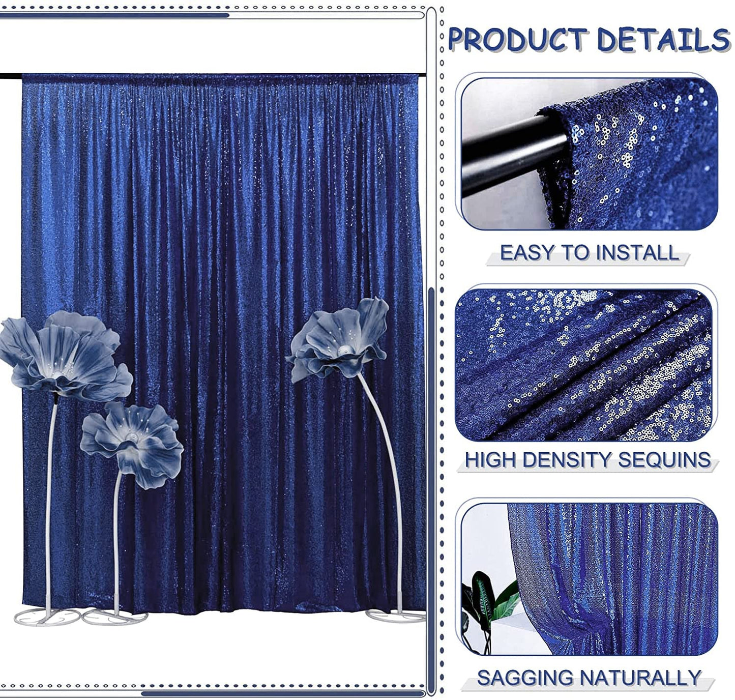 TCBESTO Navy Blue Sequin Backdrop Curtains Glitter Drapes 2FTx8FT 4 Panels for Wedding Birthday Party Decorations Bridal Baby Shower Party Supplies Sparkly Photography Background