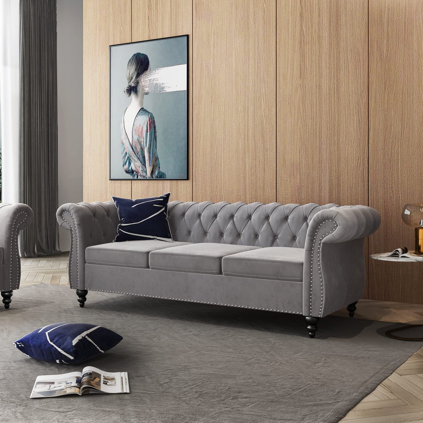 Chesterfield Sofa Velvet, Modern Tufted Couch 3 Seater with Rolled Arms and Nailhead for Living Room, Bedroom, Office, Apartment (Grey)