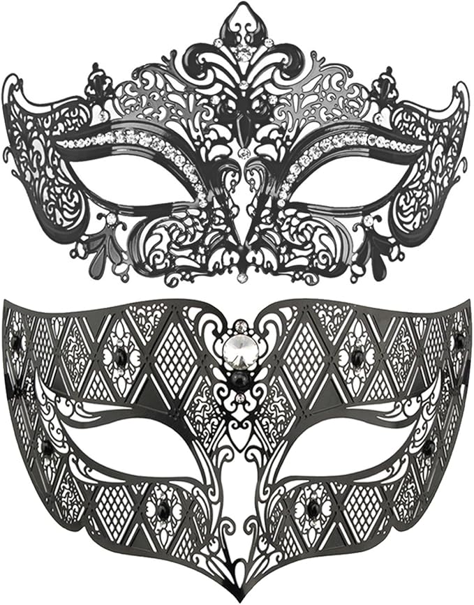 Thmyo Couples Venetian Laser Cut Masquerade Mask,Halloween Mardi Gras Party Mask (Black & black)