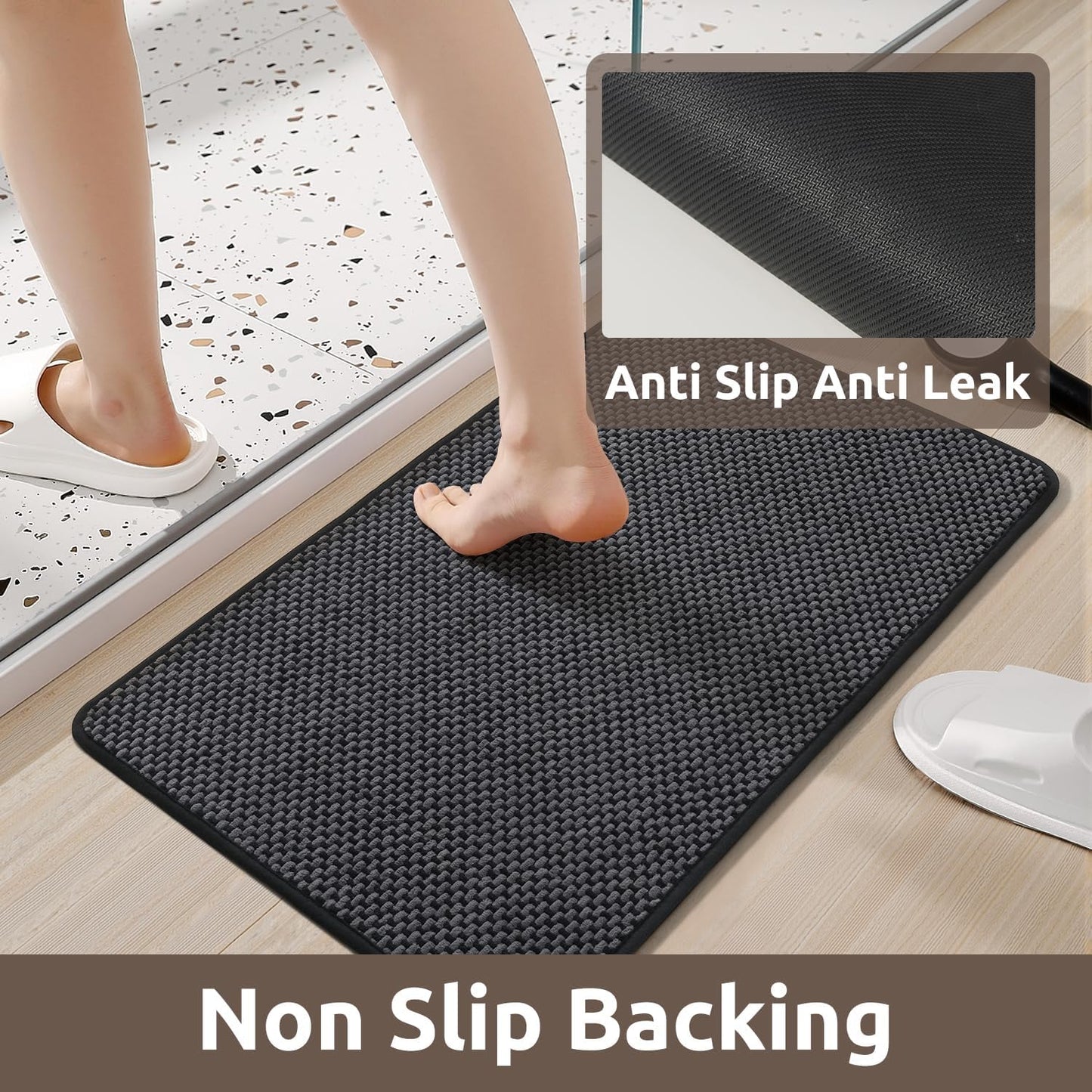 AMOAMI Chenille Bath Mat Super Absorbent Bathroom Mat Quick Dry Low Pile Bath Mats for Bathroom Washable Rubber Backed Bathroom Runners Fit Under Door, Front of Bathtub, Sink, Darkgrey&Black 24"x70"