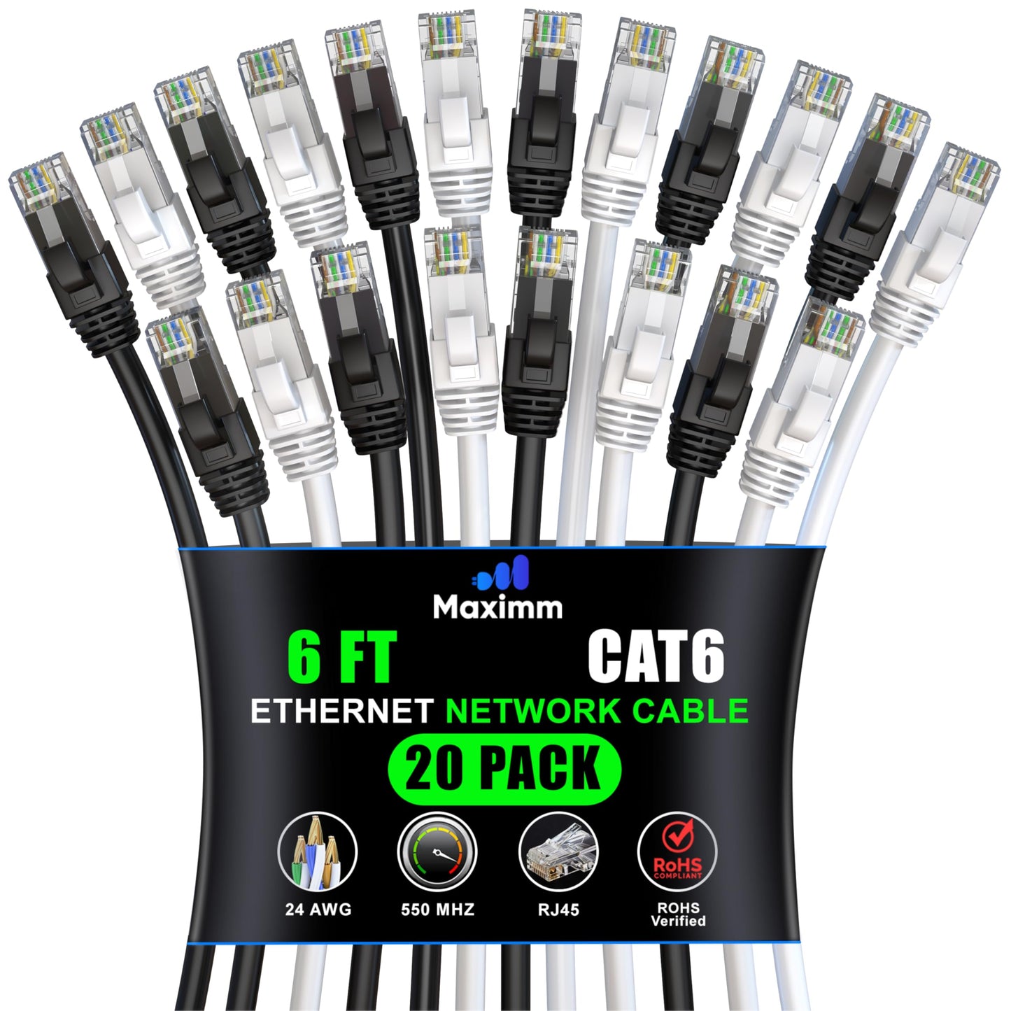 Maximm Cat 6 Ethernet Cable 6 Ft (20-Pack) - High-Speed Lan Cable, Internet Cable, Patch Cable, And Network Cable - Utp, 10Gbps,