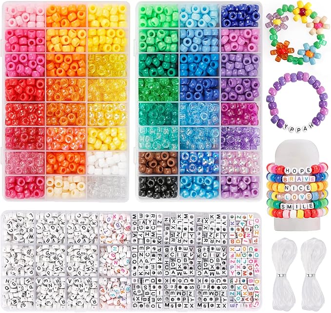 Quefe 3960pcs Pony Beads for Friendship Bracelet Making Kit 48 Colors Kandi Beads Set, 2400pcs Plastic Rainbow Bulk and 15...