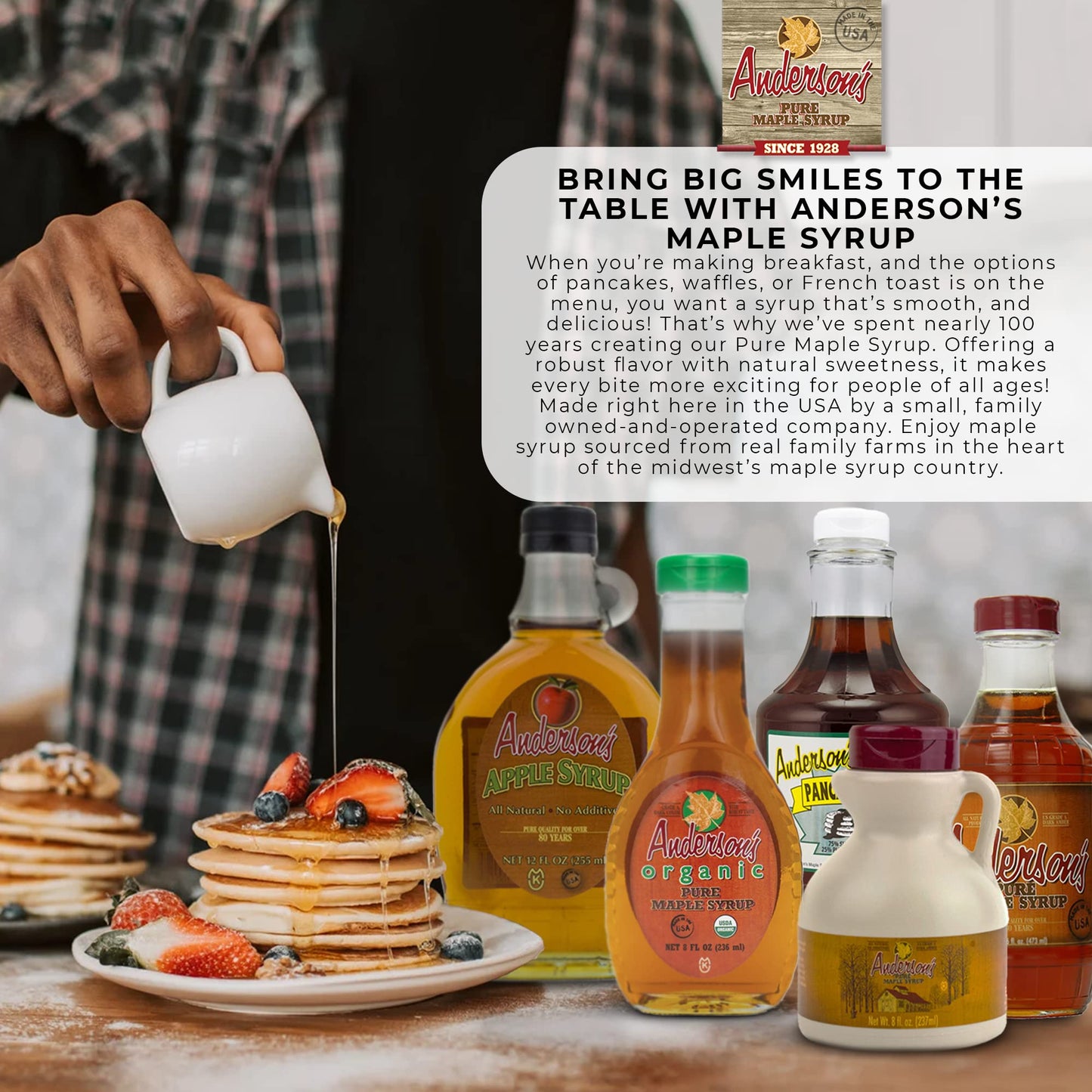 Anderson's Maple Syrup Dark Pure Maple Syrup in a 32 oz. plastic Jug, brown