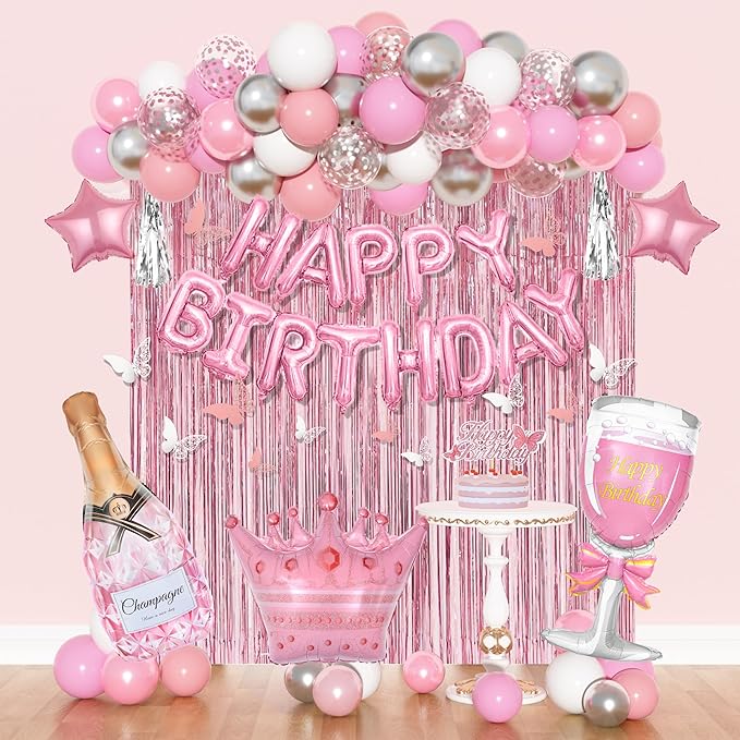 Amandir Pink Birthday Decorations for Women Girls, Silver Pink Confetti Foil Balloons Happy Birthday Banner Butterfly Frin...