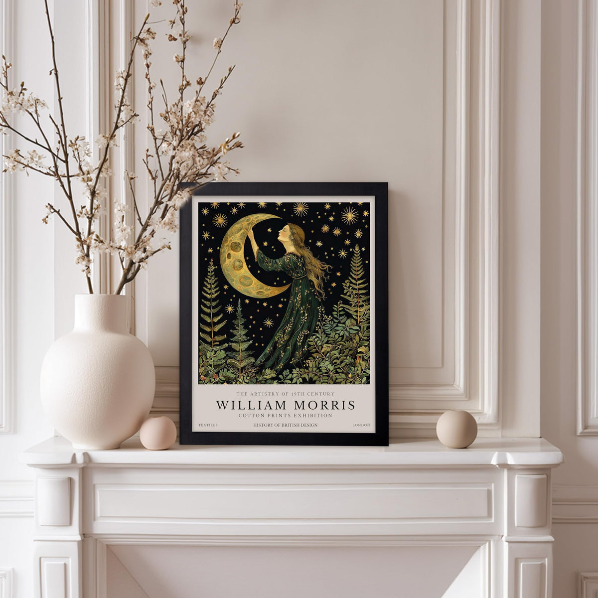 Monem Art William Morris Poster - Victorian Moon Print - Botanical Art - Exhibition Art - Moon and Stars Art - Floral Art - Aesthetic Living Room or Bedroom Wall Decor - 11x14 Black Framed