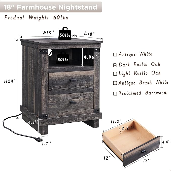 RedLemon Farmhouse Nightstand with Charging Station, 18" Rustic Night Stand with 2 Storage Drawers, Wood End Table for Bedroom, Living Room, Dark Rustic Oak Color