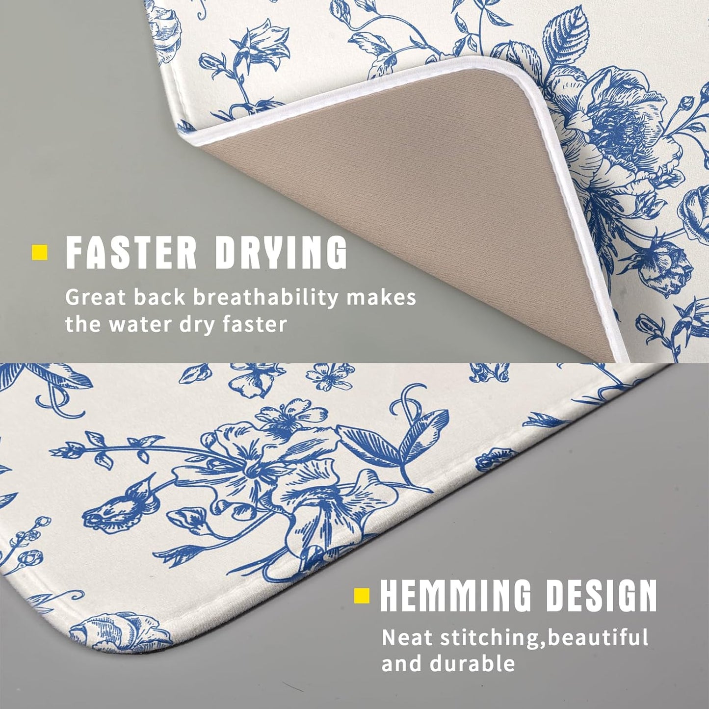 Vintage Blue Floral Dish Drying Mat for Kitchen Counter 16x18 Inch Chinoiserie Flowers Absorbent Reversible Microfiber Dish Pad Dish Drainer Rack Mats Countertops Protector Mat