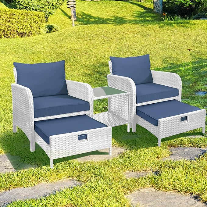LEVELEVE Balcony Furniture 5 Piece Patio Conversation Set, PE Wicker Rattan Outdoor Lounge Chairs with Soft Cushions 2 Ottoman&Glass Table for Porch