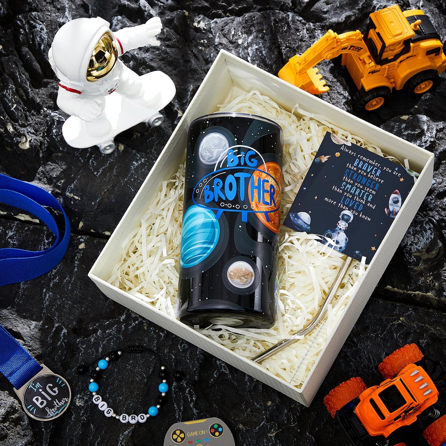 Sieral 4 Pcs Big Brother Gift Sets New Big Brother Tumbler with Straw Beaded Bracelet Medal with Lanyard Inspirational Card Baby Shower Gifts New Baby Birthday Party Favors for Little Boys(Space)