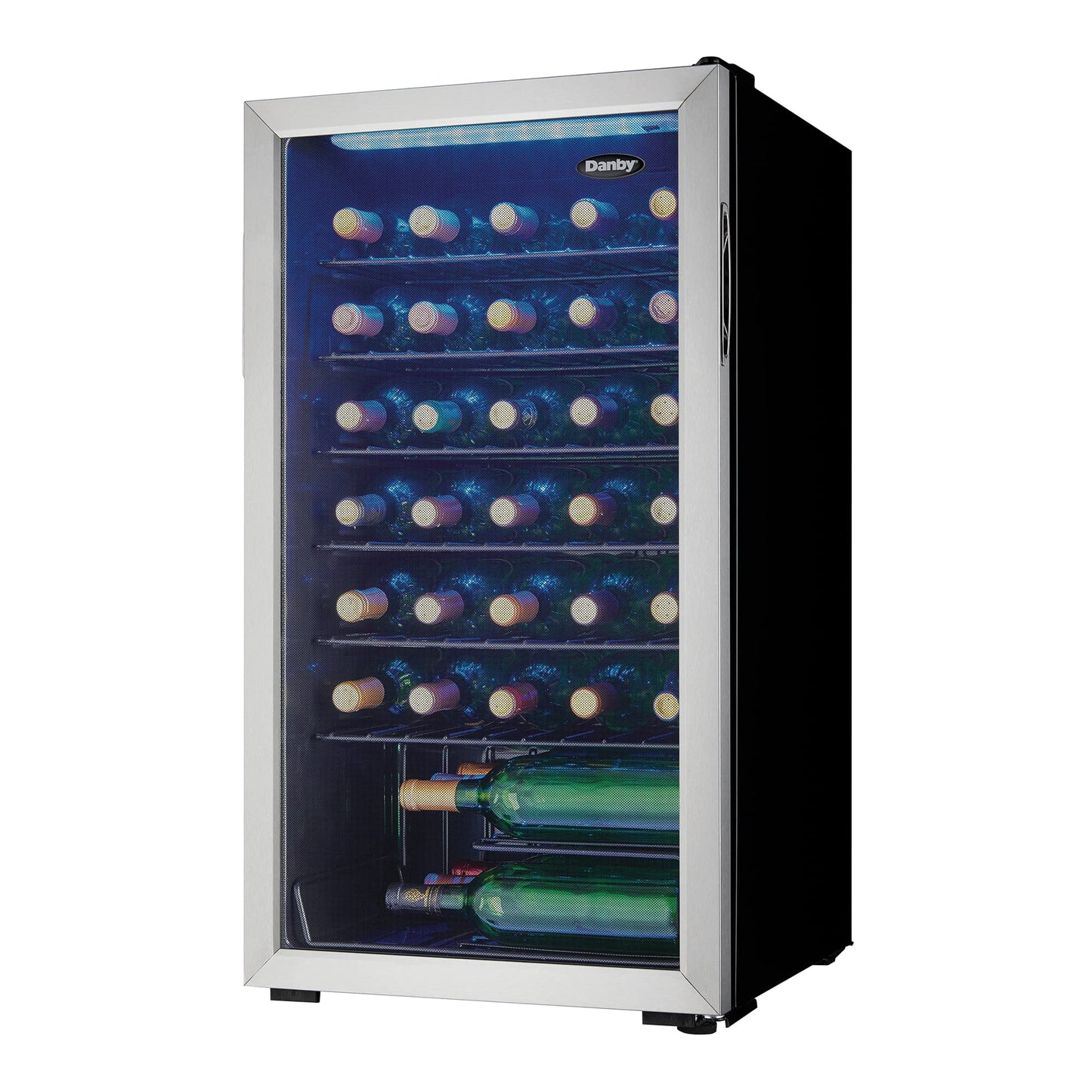 Danby DWC036A1BSSDB-6 3.3 Cu. Ft. Free Standing Wine Cooler, Holds 36 Bottles, Single Zone Fridge With Glass Door - Chiller for Kitchen, Home Bar, Black/Grey