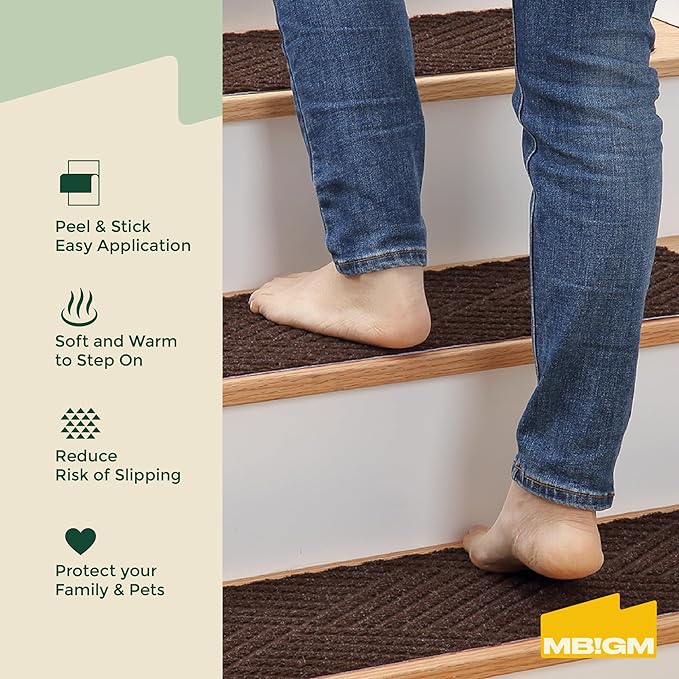 MBIGM 8 X 30inches, 15 in Pack, Non-Slip Carpet Stair Treads Non-Skid Safety Rug Slip Resistant Indoor Runner for Kids Elders and Pets with Reusable Adhesive, Brown Weave