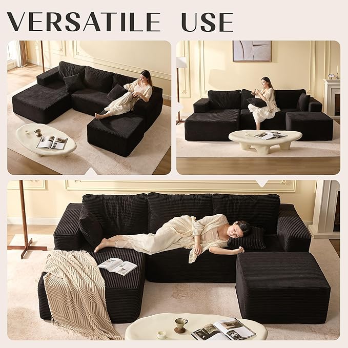 Afuson 107" Boneless Couch with Deep Seat, Modular Sectional Sofa, Cloud Sectional Couch for Living Room, No Assembly Required, Corduroy, U-Shape 3 Seater Left, Black