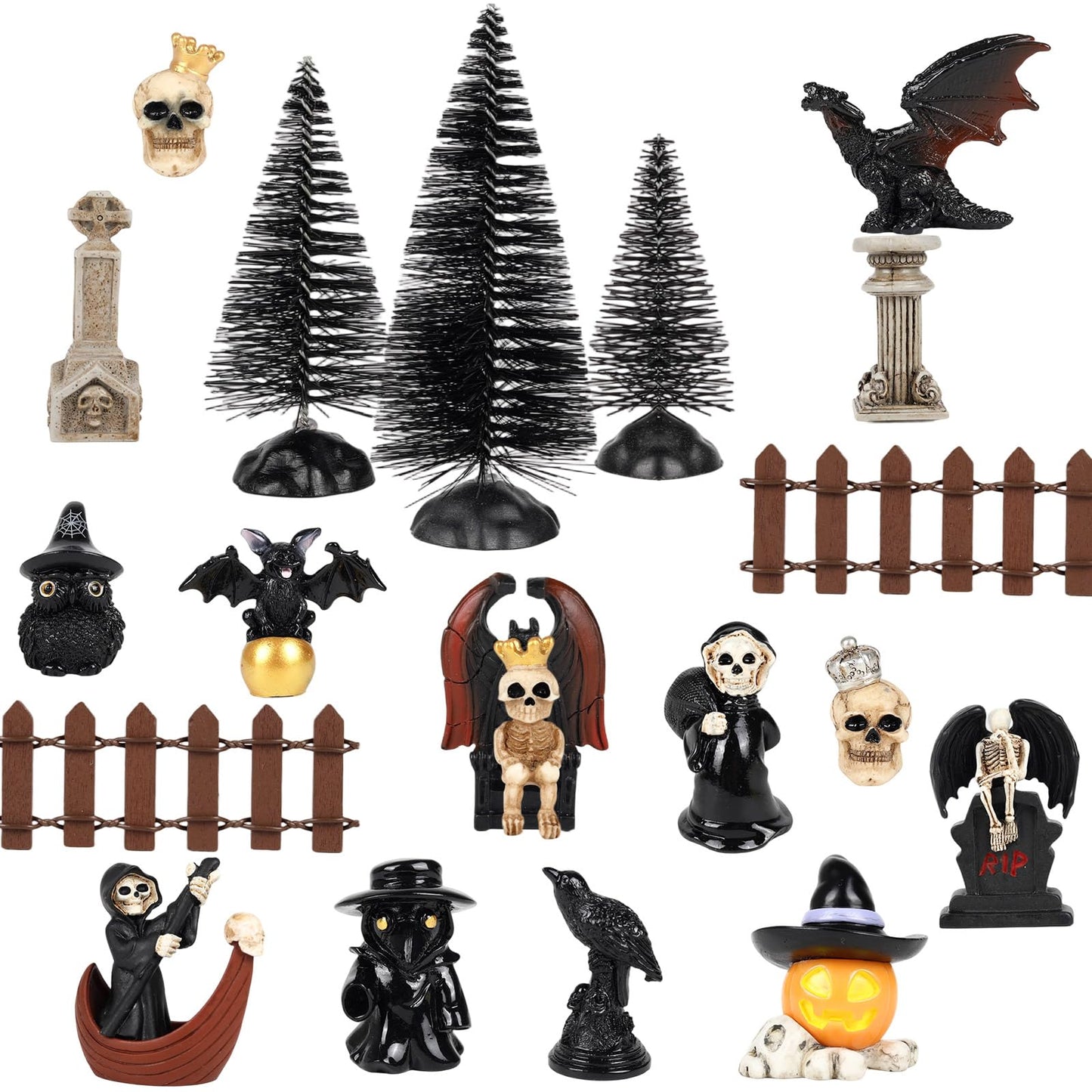 IESCOO 20 Pcs Halloween Miniatures Figurines, Mini Resin Skeleton Pumpkin Ghost Crow Bat Dragon Tombstones Tree Decorations for Halloween Village Garden Crafts Home Decor Accessories
