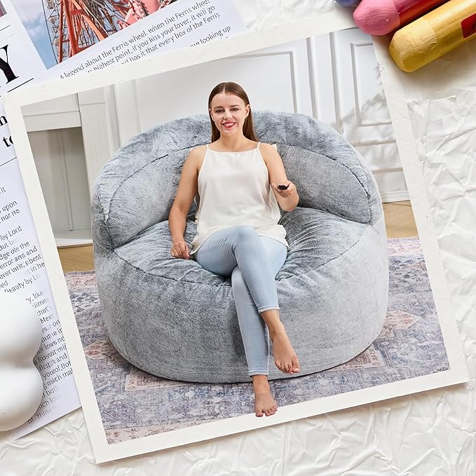 Hobestluk Bean Bag Chair Giant Bean Bag Chairs for Adults Big Bean Bag Chair with Memory Foam Filler Adults Large Beanbag with Faux Fur Cover for Bedroom (Plush Grey,Oversize)