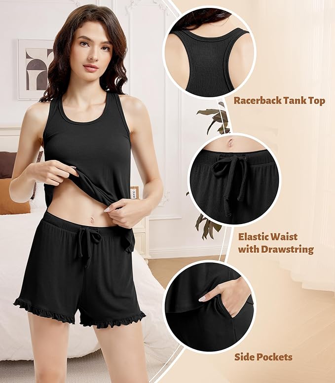 NACHILA Pajamas for Women-Viscose from Bamboo, Ribbed Racerback Tank Top Sexy Split Shorts Pajama Sets Cooling Sleep Cami Pjs
