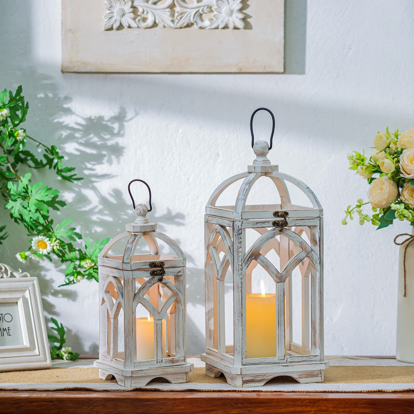 Romadedi Decorative Candle Lantern Wood - Rustic Wooden Lantern for Farmhouse Home Living Room Shelf Patio Table Decoration Christmas Holloween Wedding Party Table Centerpiece, Washedwhite