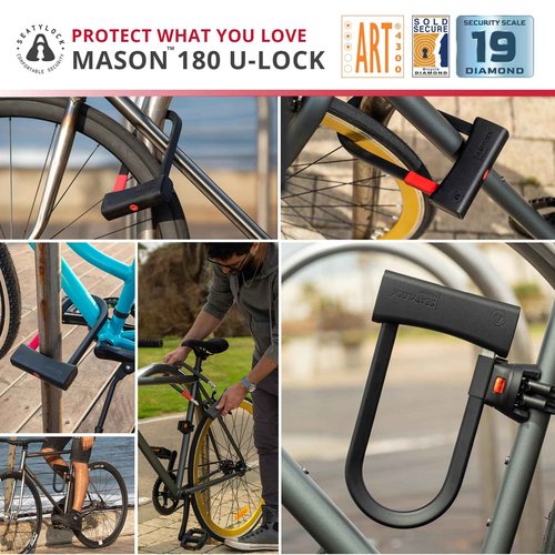 Seatylock Mason Bike U Lock - Patented Heavy Duty Anti Theft Diamond Secure ULock - Ultra Security Bicycle Safety Tool with Keys for City Electric or Mountain Bikes and Scooters (7.1 Inch)