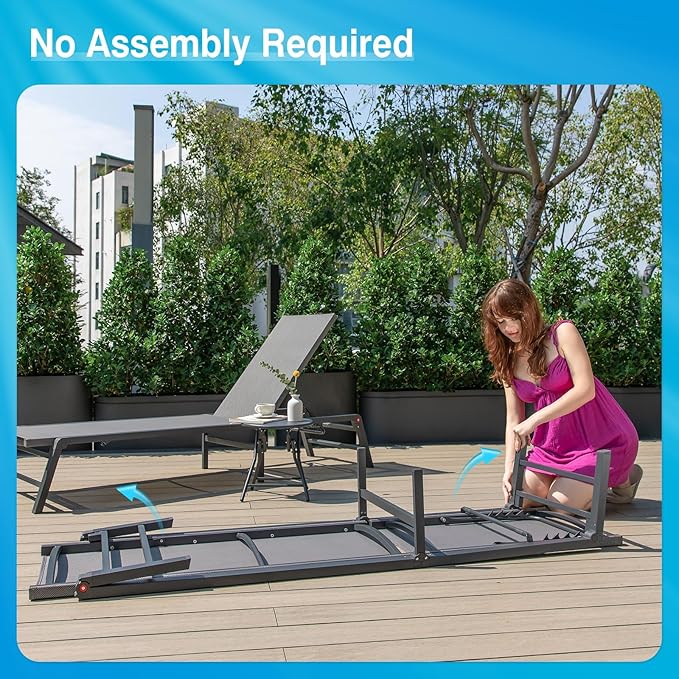 FHVIT Aluminum Chaise Lounge Chair Outdoor, Foldable Patio Lounge Chair 2 Sets with Table Assemble-Free, Pool Lounge Chairs with 5 Adjustable Backrest, Outdoor Lounge Chairs for Outside Poolside Grey