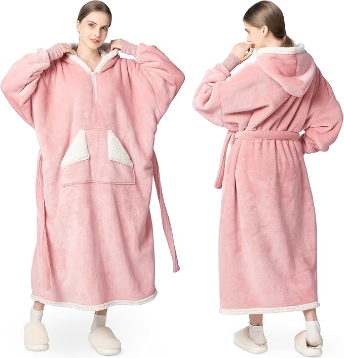 Wearable Blanket Hoodie as Gifts for Women, Long Sherpa Fleece Hooded Blankets with Oversize Hood and Pocket, Warm and Cozy Sweatshirt with Belt, Winter Gift