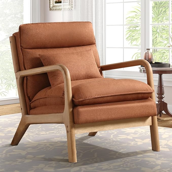 IOMOR Mid Century Modern Accent Chair, Upholstered Lounge Armchair with Plump Back Pillow, Comfy Reading Chair with Solid Wood Frame for Bedroom Living Room, Brown