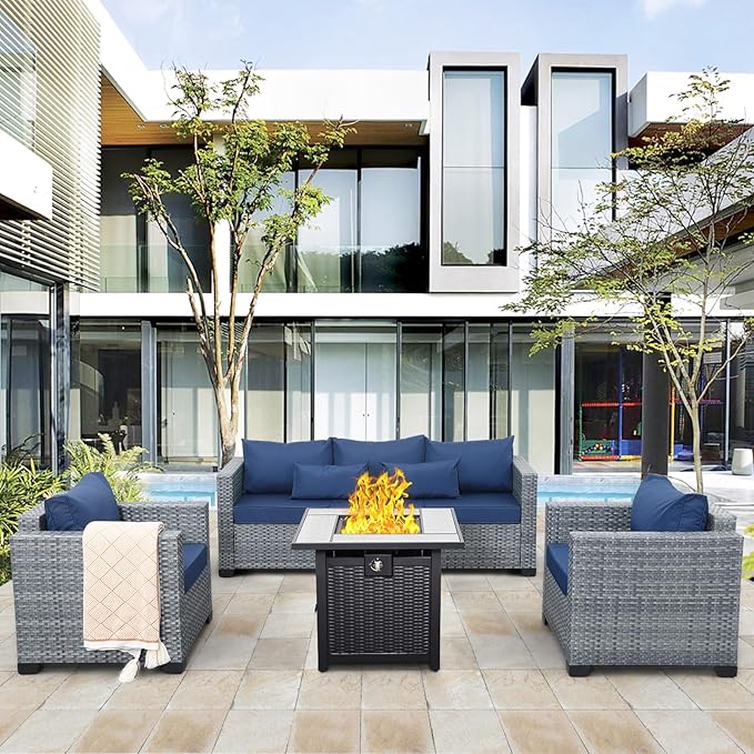 4 Piece Wicker Patio Furniture Sets Outdoor Conversation Set PE Rattan Sectional Sofa Couch with Fire Pit Table and Royal Blue Cushions