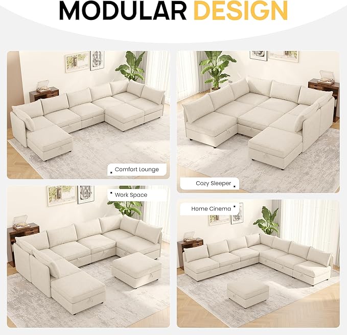 Oversized Modular 8 Seater Sofa with Removable Covers and Storage, Convertible U, L-Shaped and Sleeper Sectional, Modern Sectional Couch with Ottoman Chaise for Living Room, Bedroom, Apartment, Beige