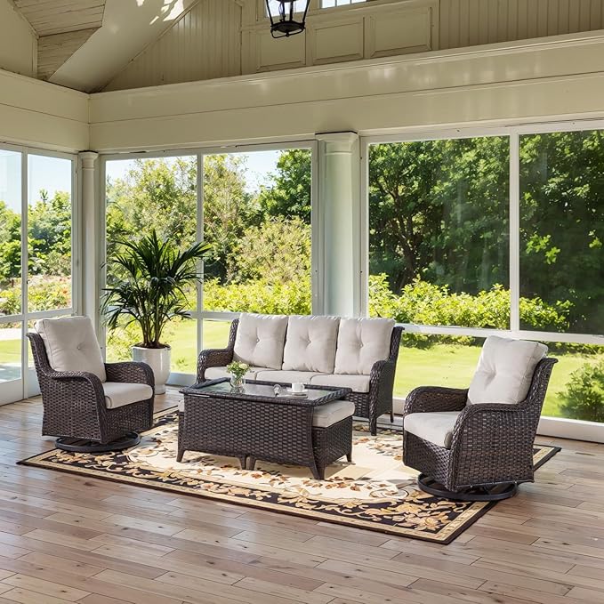 Belord Wicker Outdoor Furniture Patio Furniture Set - 6 Piece Patio Conversation Set with Swivel Rocker Chairs, Rattan Sofa, Ottomans and Coffee Table, Beige Cushion