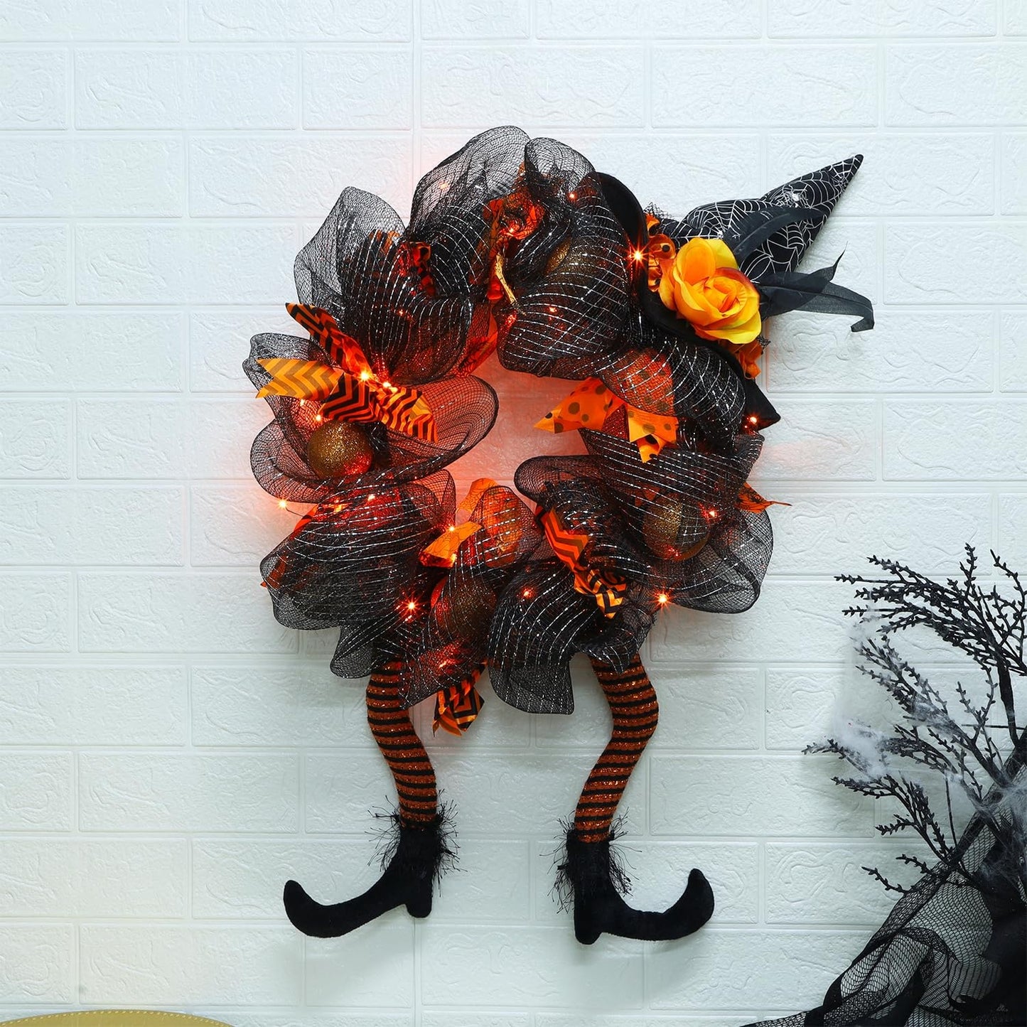 yosager Halloween Wreaths, Halloween Decorations Witch Hat and Legs Wreath, Lighted with 30 LED Orange Lights, Front Door Wall Light up Wreath Ornaments Holiday Party Thanksgiving Decor