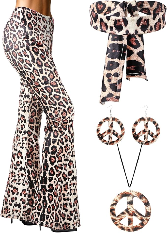 SATINIOR 60s 70s Women Hippie Costume Outfits Set Disco Retro Flared Bell Bottom Pants for Halloween Cosplay Party(Medium)