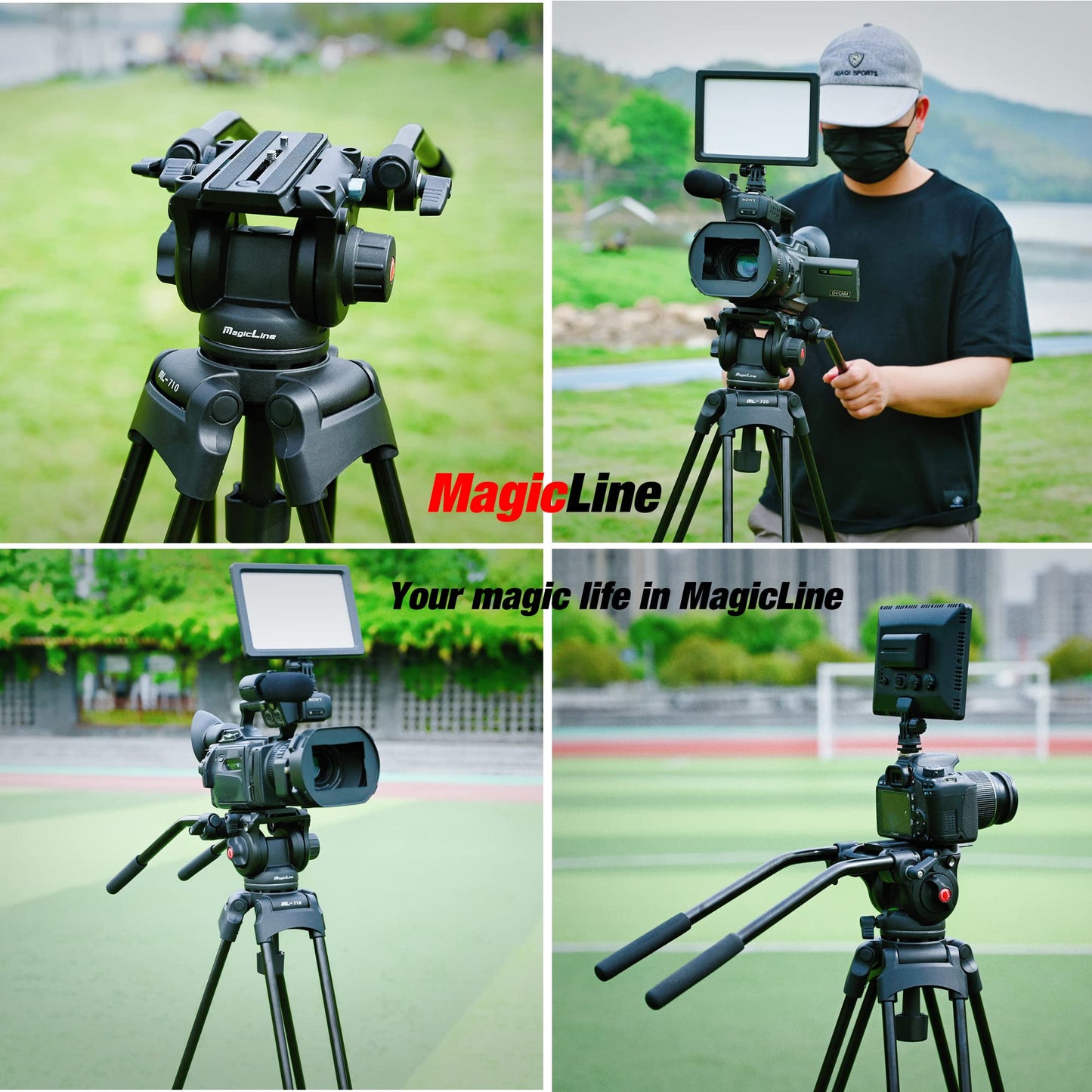 MagicLine 65.7" Aluminum Video Tripod,Heavy Duty Camera Tripod Stand with 2 Handles & 360°Fluid Head & Adjustable Metal Middle Spreader,2 QR Plates for DSLR Camcorder Cameras(Max Load 26.5 lb)