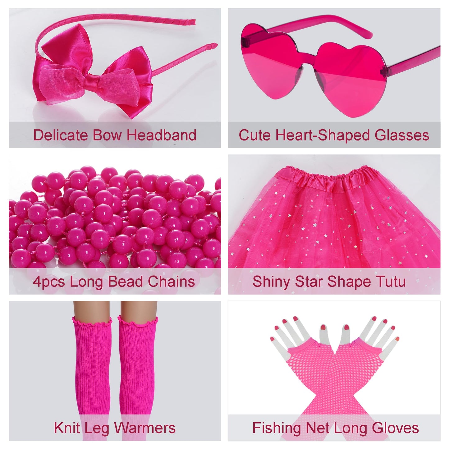 Miayon 80s Costume Accessories 90s Neon Tutu Outfit 80s 90s Theme Neon Party Fancy Cosplay Outfit (Rose red)