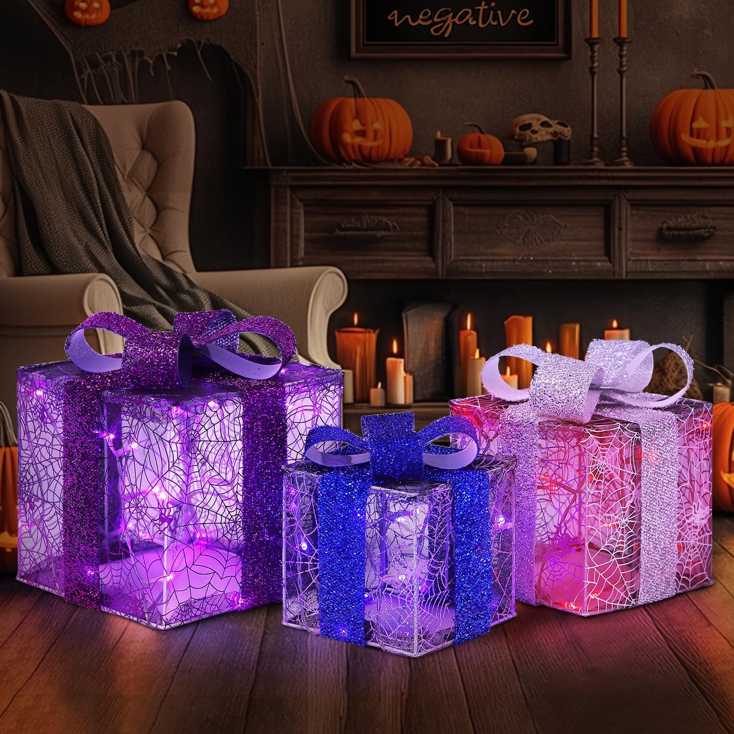 Set of 3 Halloween Lighted Gift Boxes Decorations - 60 LEDs Spider Web Halloween Present Boxes with Creepy Crawler, Warm White Light Home Party Favors for Haunted House