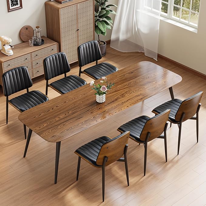 YaFiti Dining Chairs Set of 4, FSC Certified Mid Century Modern Dining Room Kitchen Chairs, Upholstered PU Leather Vertical Stripe Chairs for Vanity with Walnut Bentwood and Metal Legs, Black