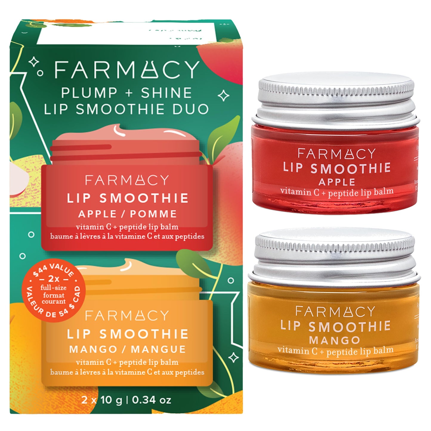 Farmacy Plump + Shine Lip Smoothie Duo - Peptide Lip Balm - Lip Moisturizer & Plumper with Vitamin C - Apple & Mango with High G