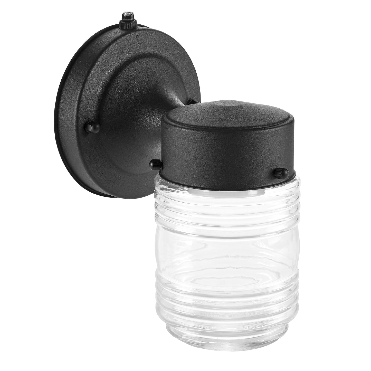 Maxxima Outdoor Wall Lantern Light Fixture, Enclosed Clear Ribbed Glass Jelly Jar Exterior Light, Black Finish, Dusk to Dawn Sensor, 800 Lumens, Photocell Sensor, 3000K Warm White