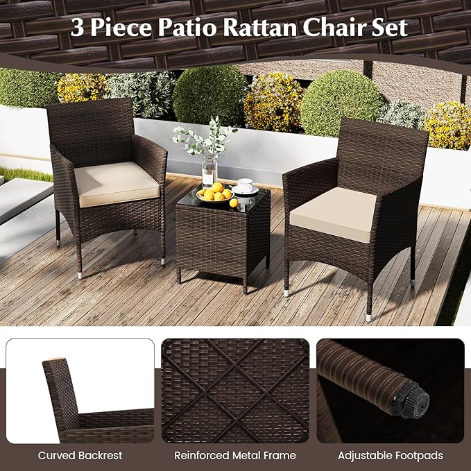 KOTEK 3 Piece Patio Furniture Set, Outdoor Wicker Patio Chairs with Soft Cushions & Tempered Glass Top Table, PE Rattan Bistro Set for Porch, Garden, Balcony (Beige)