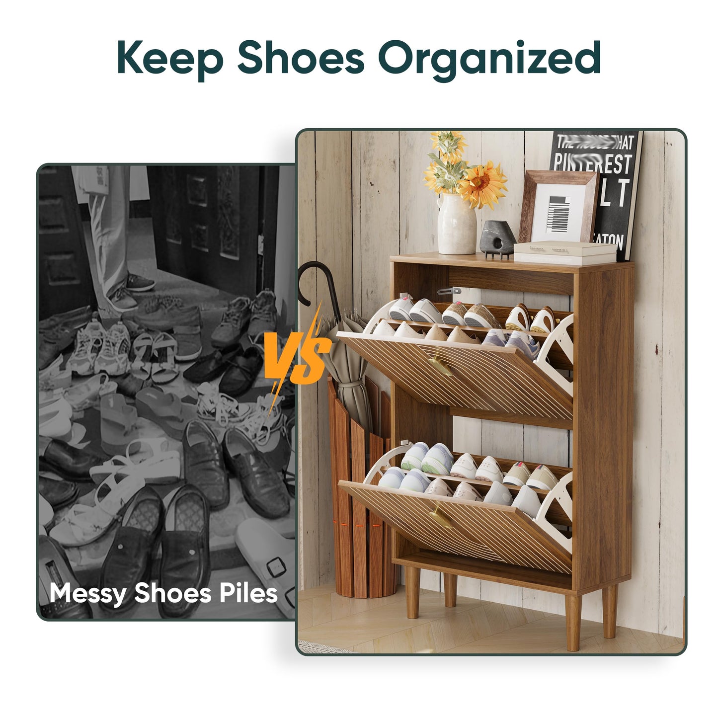 Morwdxef Shoe Storage Cabinet with 2 Flip Drawers, 23.6"(W) Freestanding Shoe Organizer with Metal Handles for Entryway, Narrow Shoe Rack Cabinet