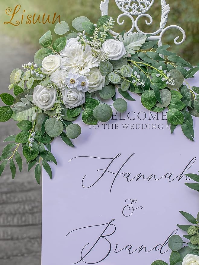 Wedding Arch Flowers, Artificial Floral Decor for Wedding Ceremony & Reception, Standard Size Large Flower Swag Set for Backdrop & Welcome Sign, Pack of 2 (Pure White & Ivory White)