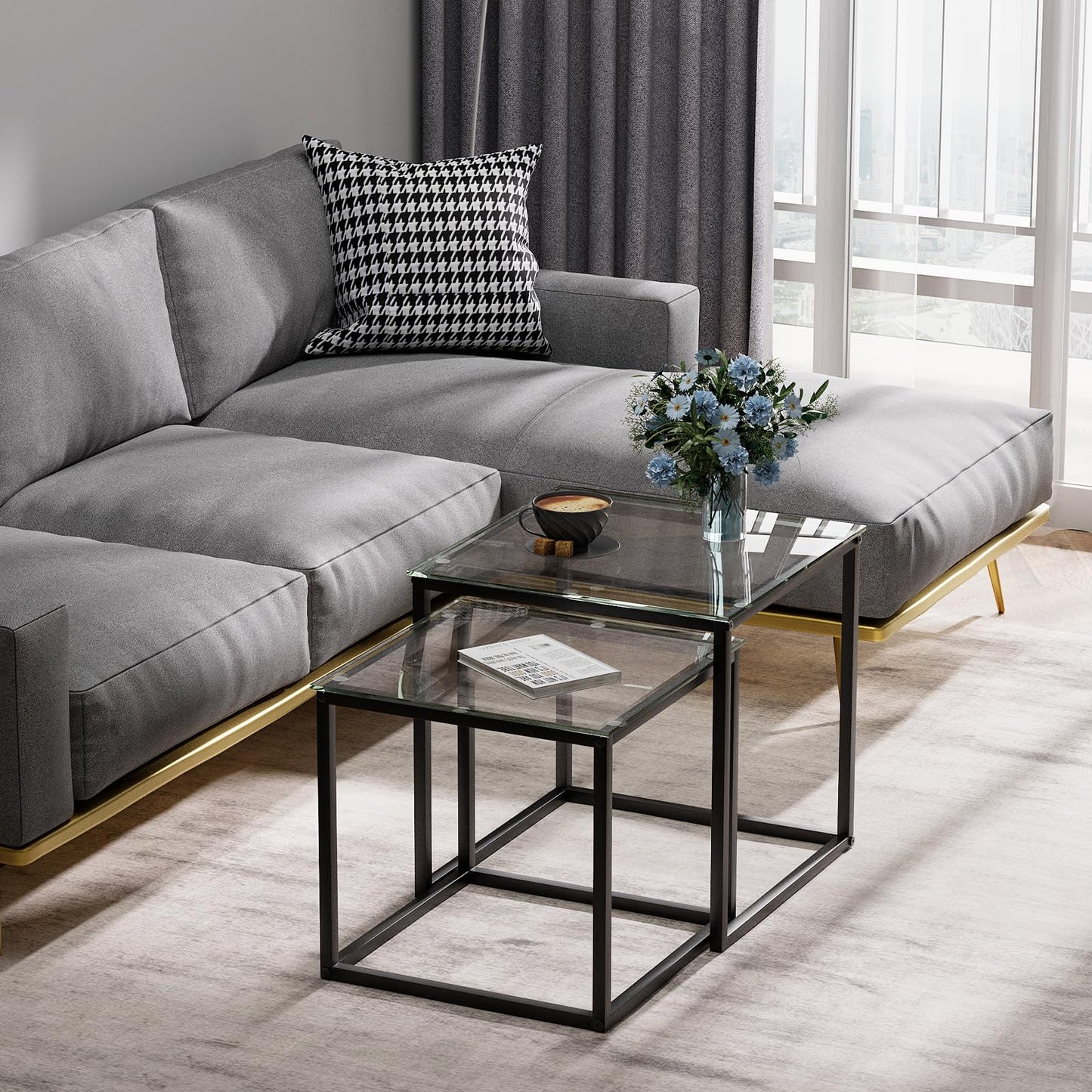 VILAWLENCE Coffee Table Set of 2, Modern Black Glass Side Table, Metal Frame Square End Table, Center Tables,Nesting Coffee Table for Living Room,Bedroom and Small Spaces