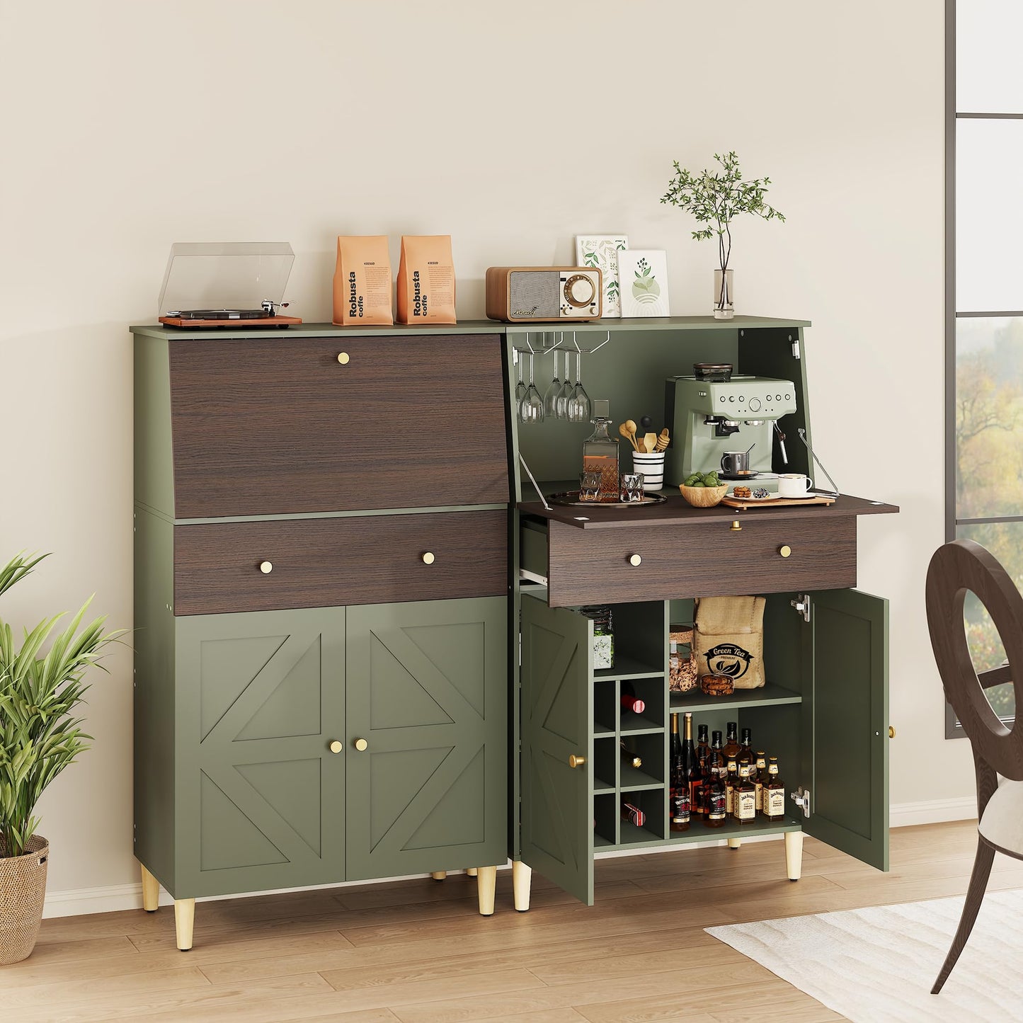 ANCTOR Bar Cabinet with Foldable Countertop 53" Liquor Cabinet Bar for Home with Wine Rack Hidden Storage Adjustable Shelf Large Drawer Wine Bottle Slots Quiet Closed Hinges