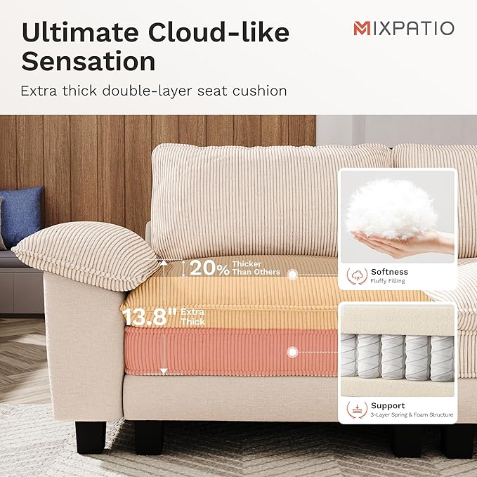 MIXPATIO 123-Inch U Shaped Sectional Sofa with Cloud Cushions, Deep Seat Modular Couch Set w/ 5 Seats & 2 Ottomans, Plush Chenille & Corduroy Upholstery for Living Room, Apartment - Beige