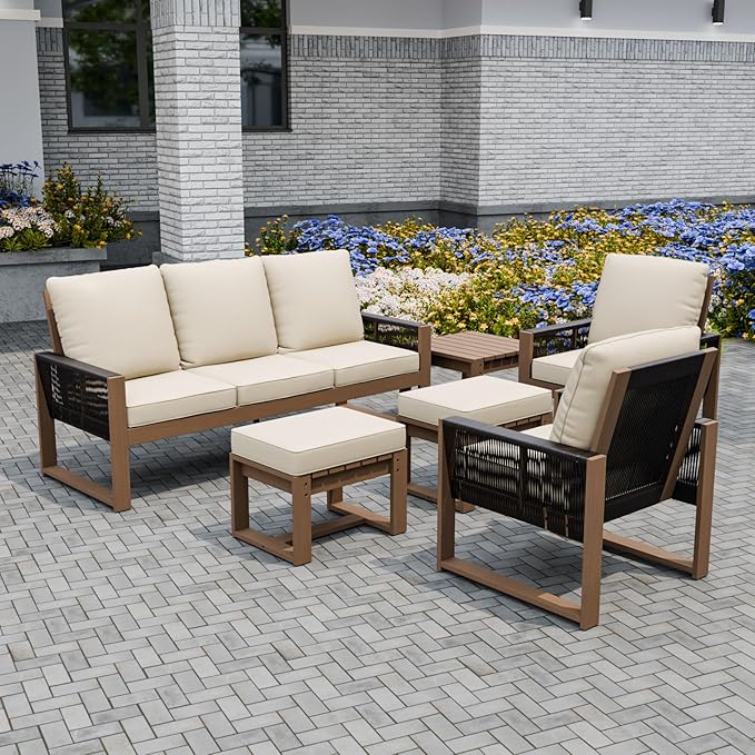INTER HUT Rustic Hideaway Natural Cedar Wood Outdoor Furniture Set, Wicker Patio Conversation Set for Porch Garden Backyard, Couch, 2 Patio Chairs, Side Table and 2 Ottomans, 6 Piece, Brownish/Beige