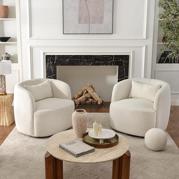 KINWELL 34" Wide Sherpa Swivel Barrel Chairs Set of 2, No Assembly Round Boucle Upholstered Accent Chairs Armchairs Single Sofa Chair with Toss Pillow for Living Room and Bedroom, Beige