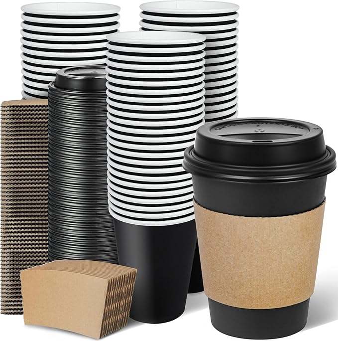 Ginkgo 100 Pack 12 oz Disposable Coffee Cups with Lids and Sleeves, To Go Leak-Proof Black Paper Cups for Picnics, Partie...