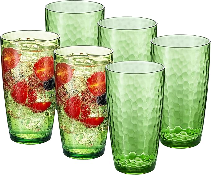 ZAINCA 20-ounce Plastic Tumblers, Acrylic Drinking Glasses High-Balls, set of 6 Green Reusable Plastic Cups, Hammered Styl...